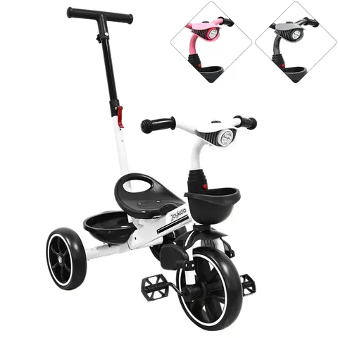 Triciclo para Niños con Bastón Torreta con Luz y Sonido Pedales Desmontables Posapiés Plegables Apto desde 2 años o hasta 25 kg